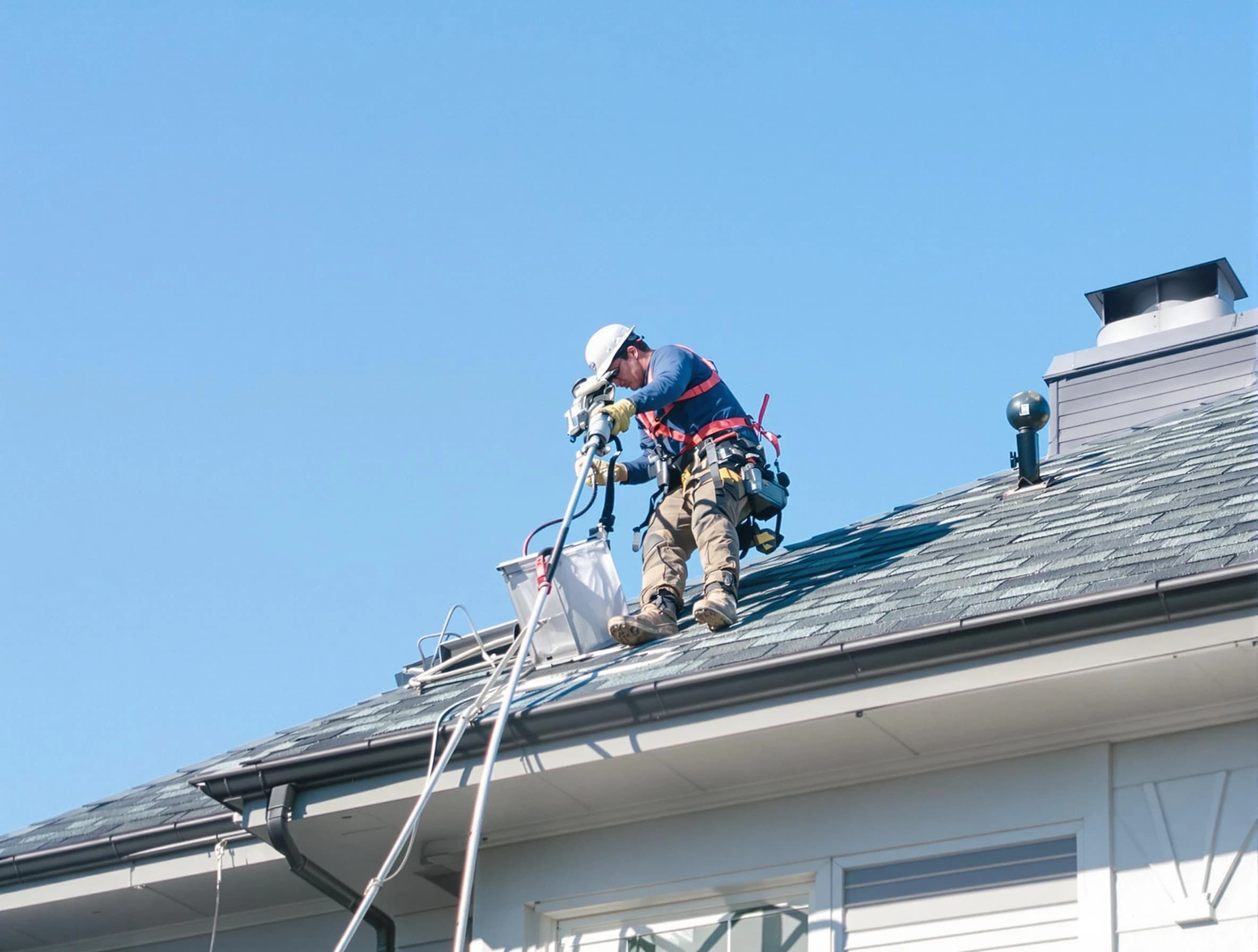 Garden Grove Dryer Vent Cleaning certified technician cleaning a roof-mounted dryer vent system in Garden Grove