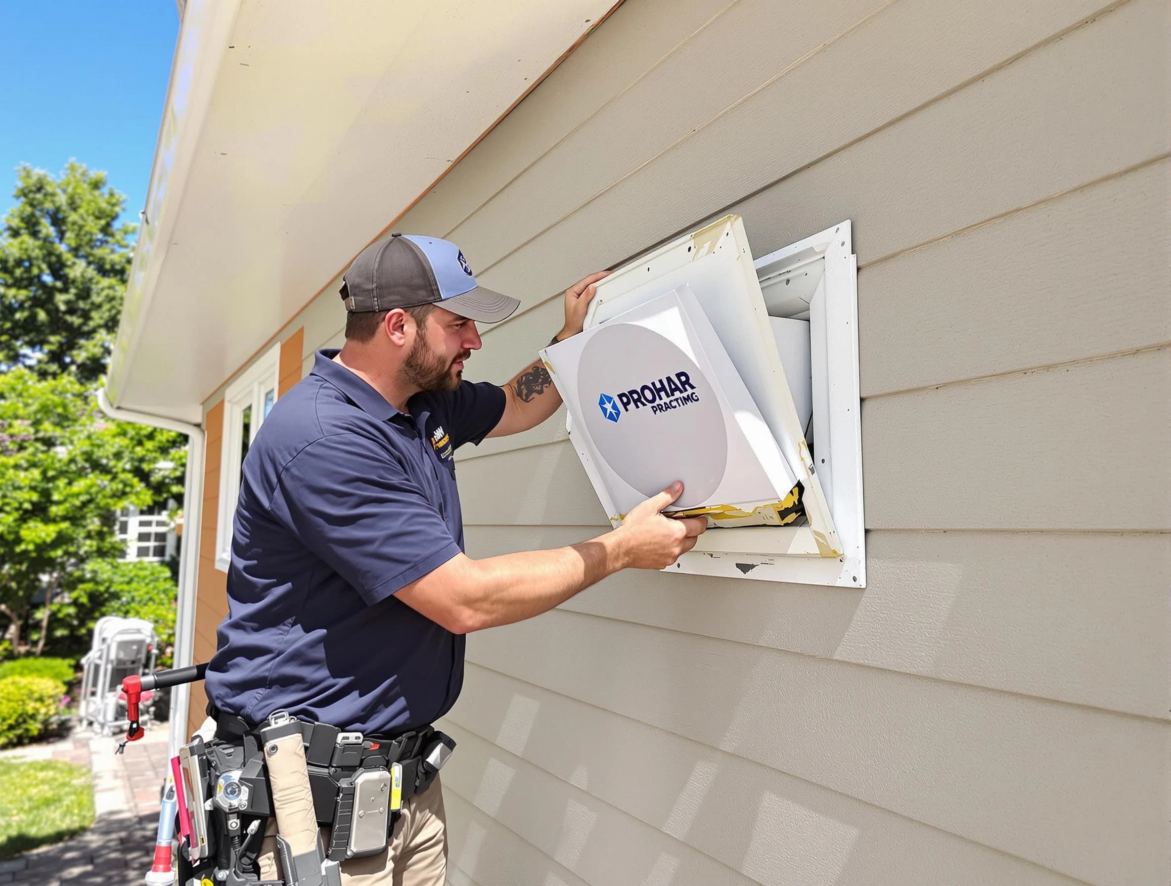 Garden Grove Dryer Vent Cleaning technician installing a new protective dryer vent cover on a home in Garden Grove