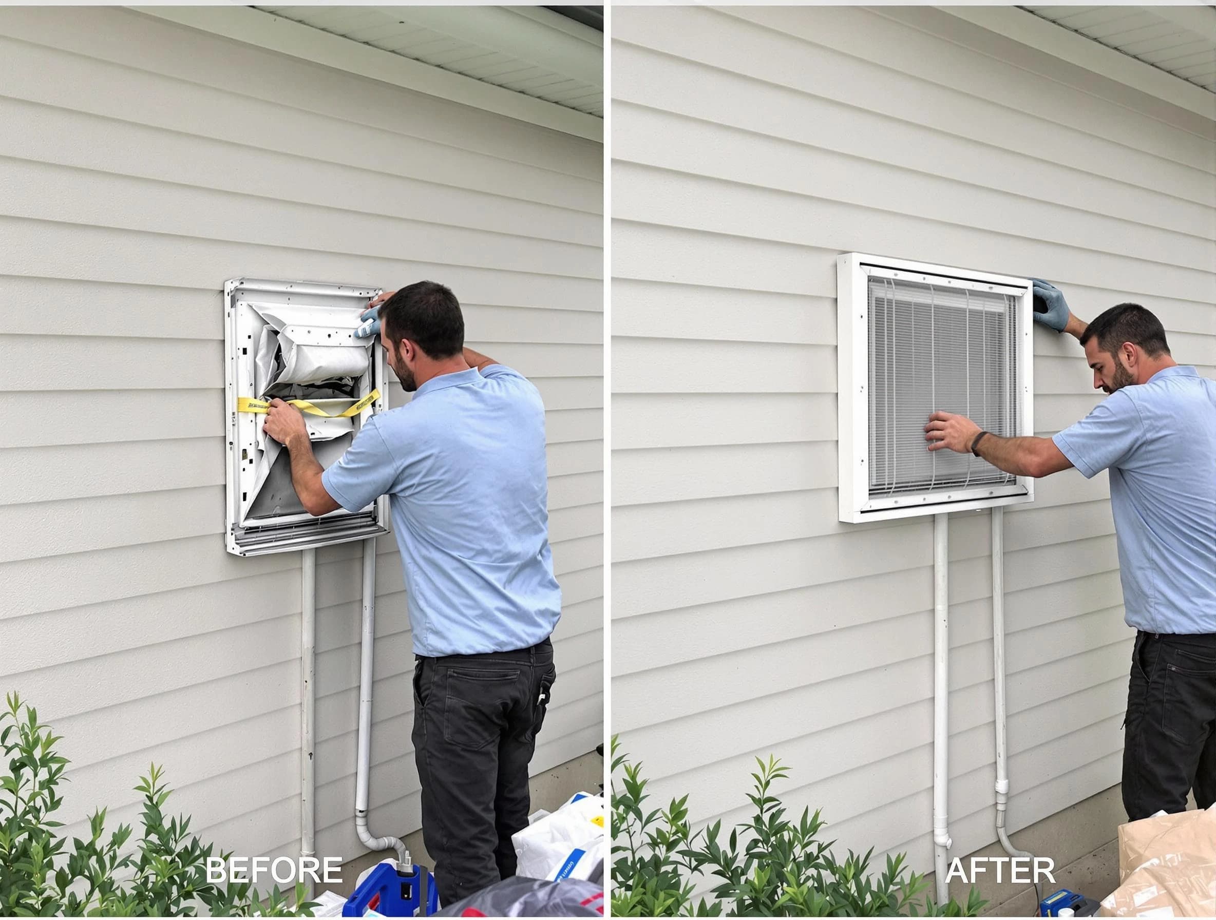 Garden Grove Dryer Vent Cleaning technician installing high-quality dryer vent cover at a residential property in Garden Grove