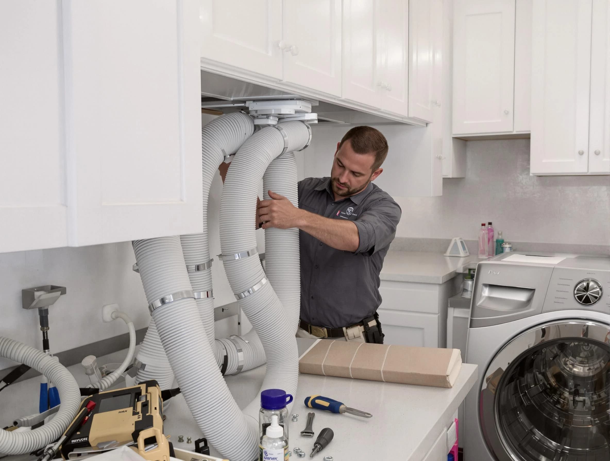 Garden Grove Dryer Vent Cleaning technician installing a new professional-grade dryer vent hose in Garden Grove