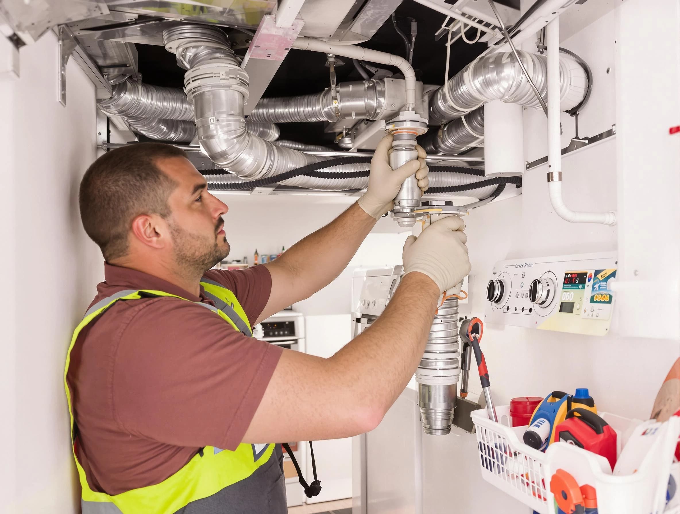 Garden Grove Dryer Vent Cleaning expert performing both repair and installation work on a dryer vent system in Garden Grove