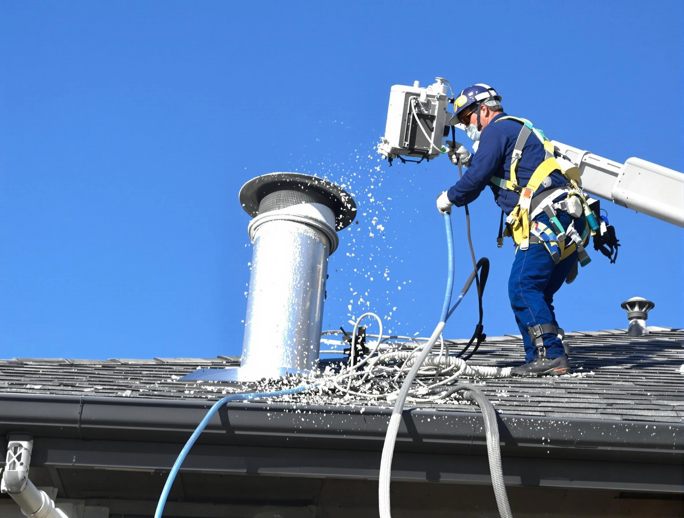 Garden Grove Dryer Vent Cleaning certified technician safely cleaning a roof-mounted dryer vent in Garden Grove